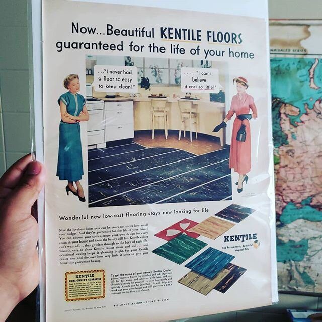 This advertisement from the 1950s will go beautifully with our 100 year old Post WWI Map of Europe.

At one point, asbestos tiles were considered to be the bees knees. ?