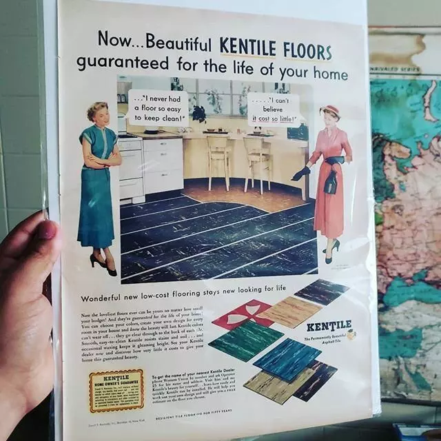 This advertisement from the 1950s will go beautifully with our 100 year old Post WWI Map of Europe.

At one point, asbestos tiles were considered to be the bees knees. ?